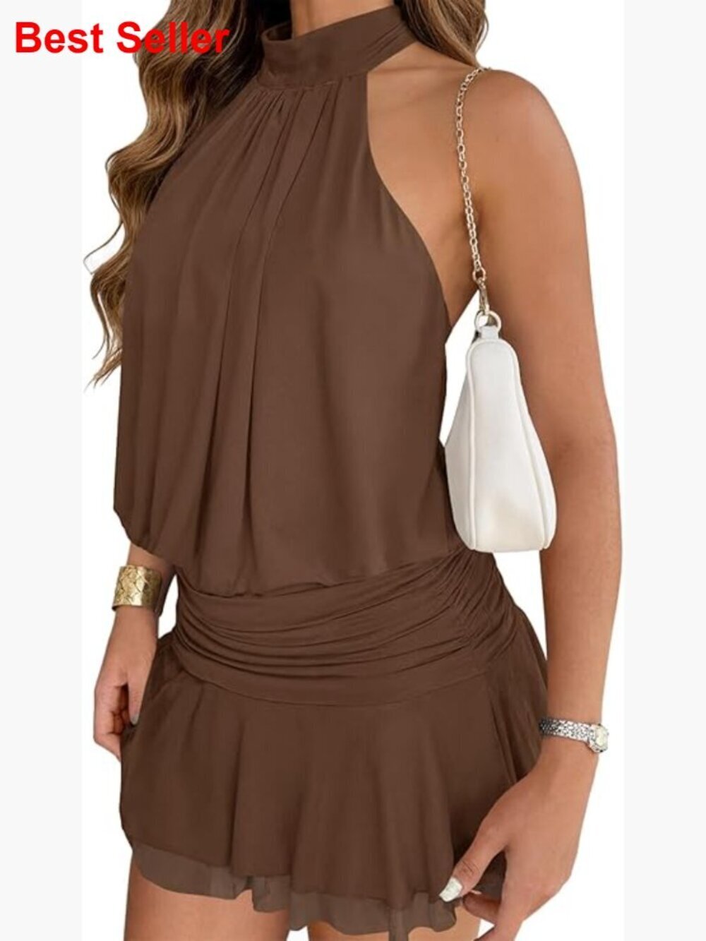 Mesh Halter Mini Dress Sleeveless Open Back Ruched Waist Tiered Ruffle